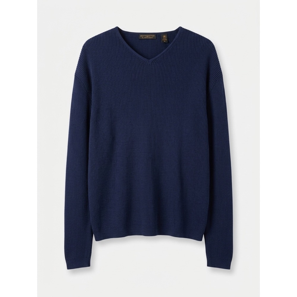 Vintage Metropolitan by Lord & Taylor Men's Ribbed Cotton V-Neck Sweater Blue L